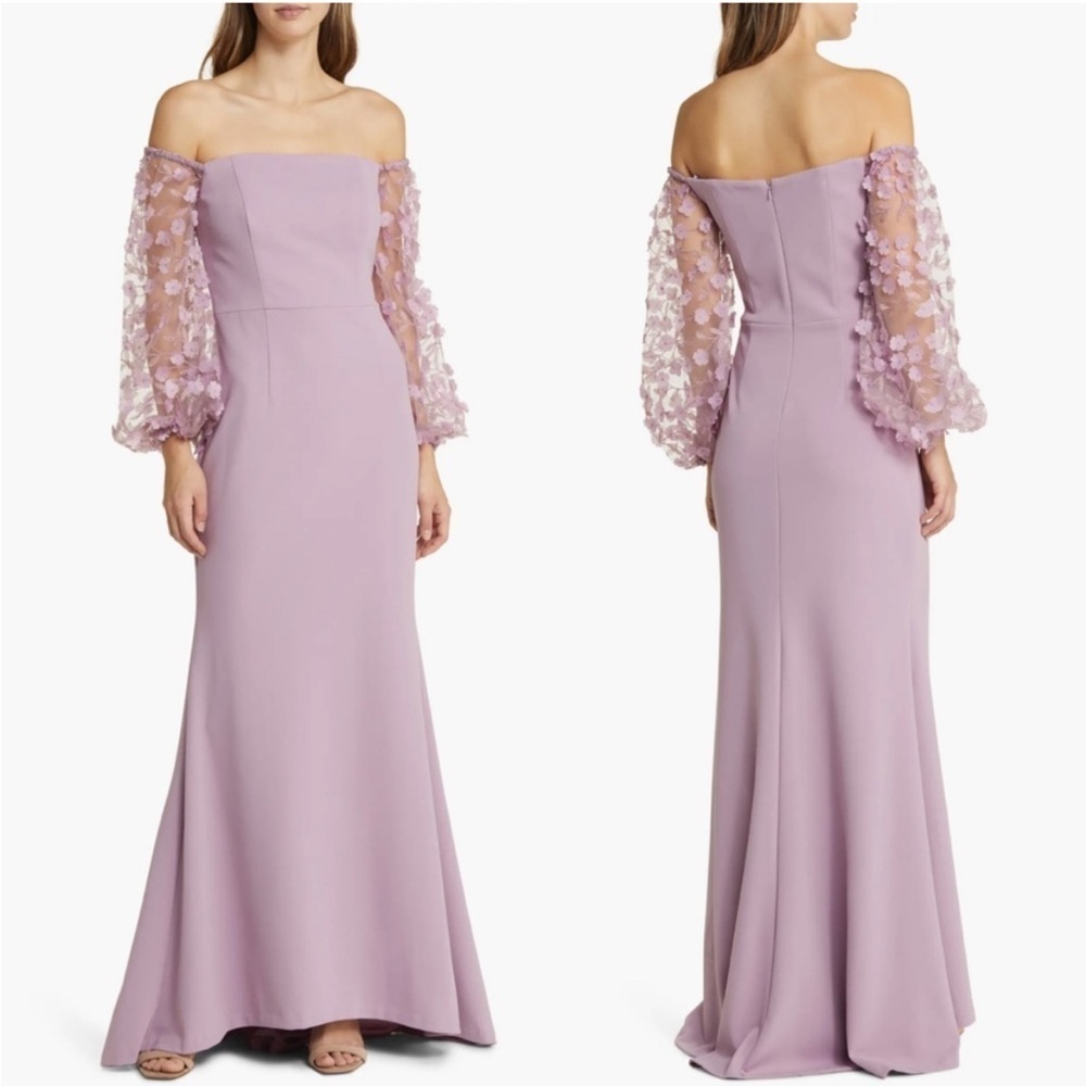 Eliza J Off The Shoulder 3D Floral Sleeve Formal Dress Mauve Lilac Purple 2 NWT